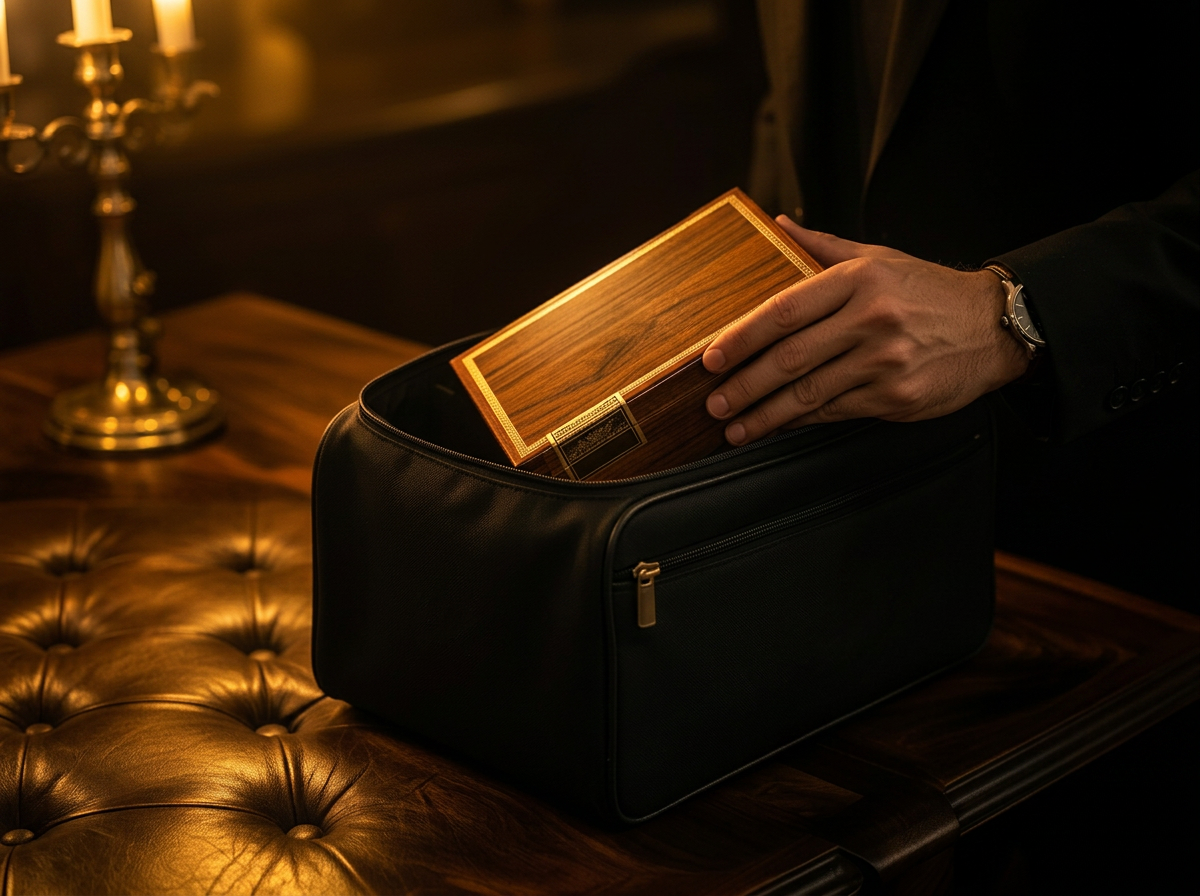 Premium cigars being packed into a delivery bag