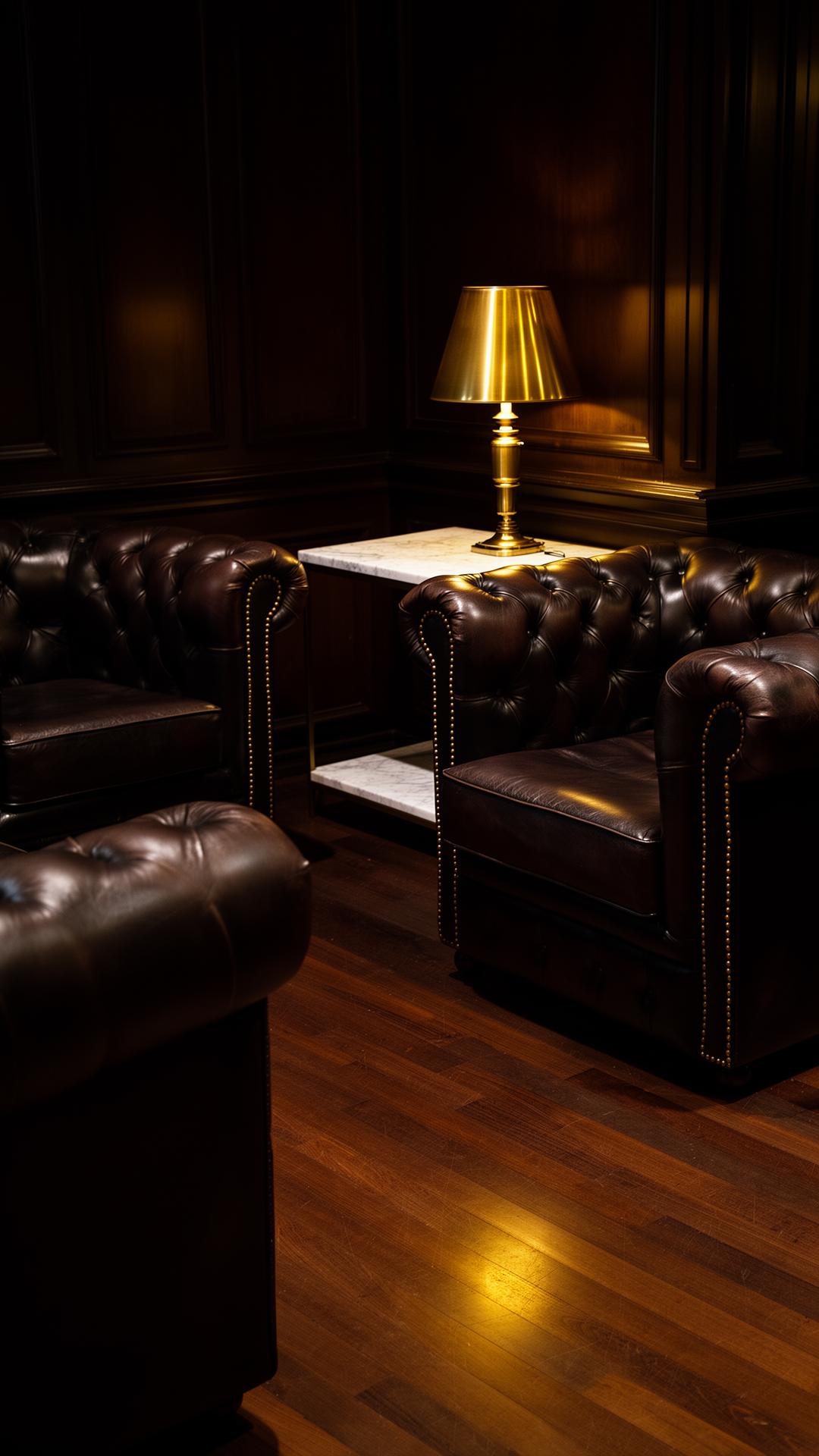 Dark leather chesterfield seating in the Lone Wolf lounge